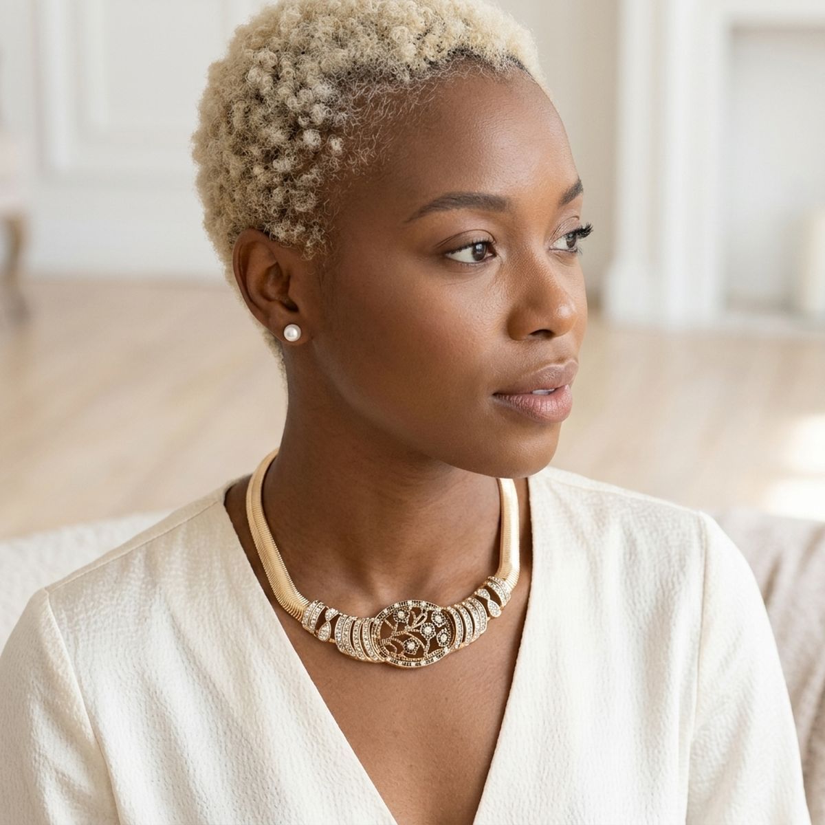 Antique Gold Pearl Floral Herringbone Necklace