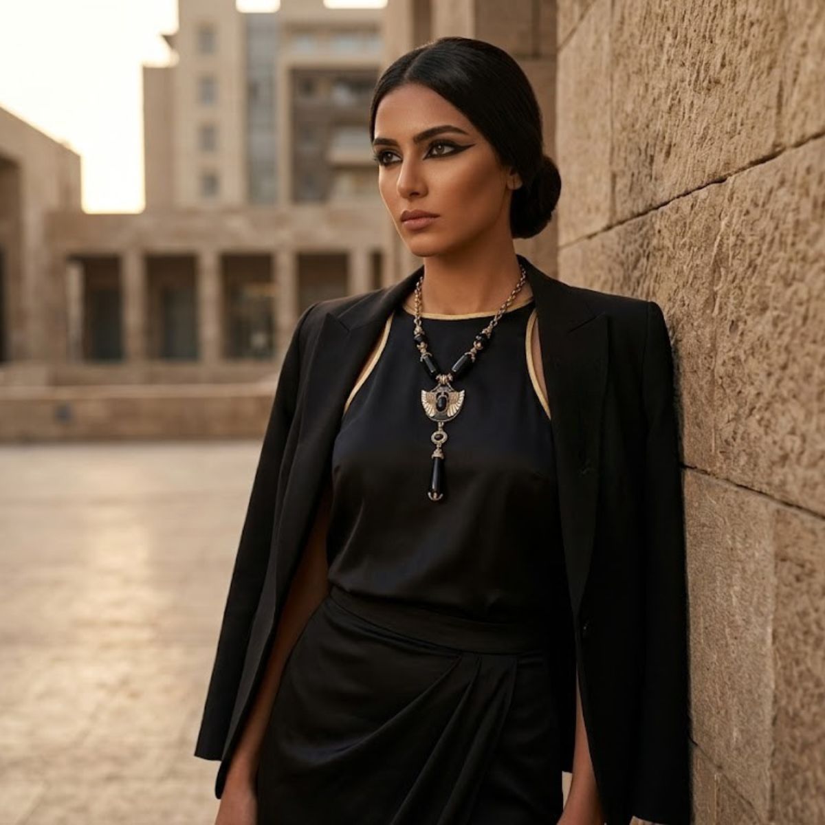 Egyptian Gold Scarab Black Pendant Necklace