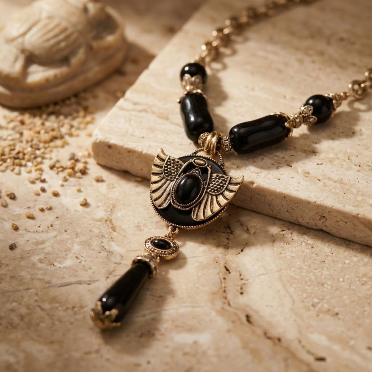 Egyptian Gold Scarab Black Pendant Necklace
