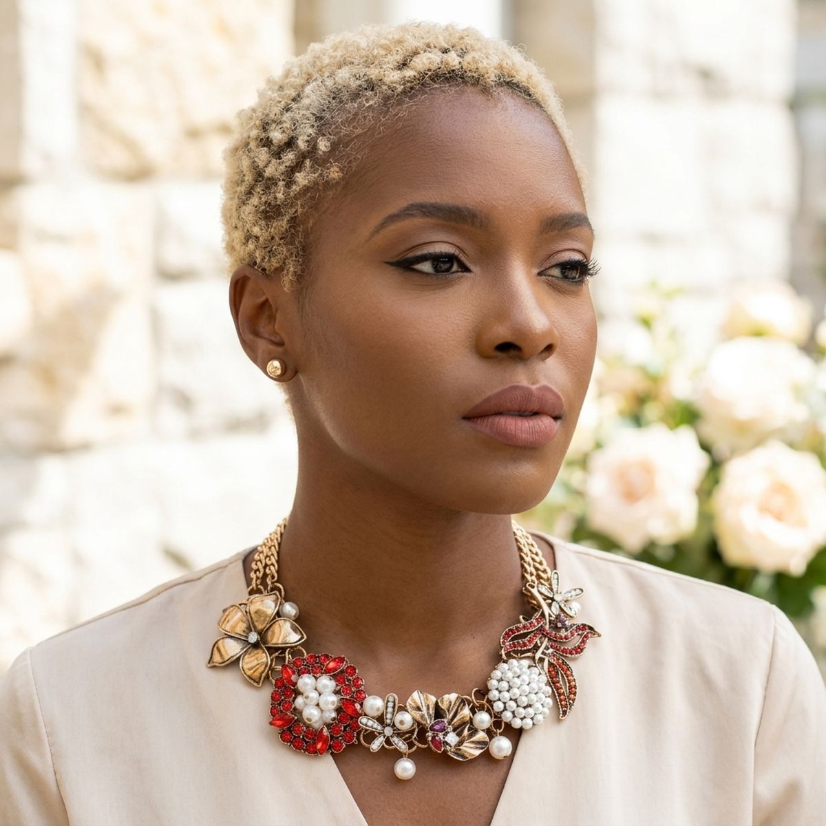 Red Crystal Pearl Antique Gold Chainmaille Collar