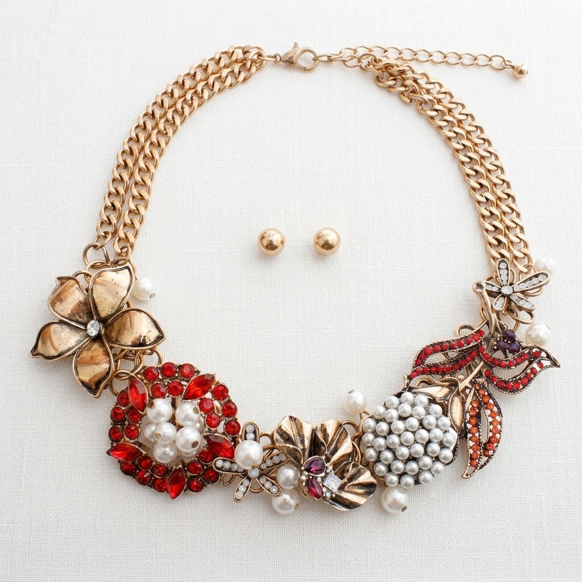 Red Crystal Pearl Antique Gold Chainmaille Collar