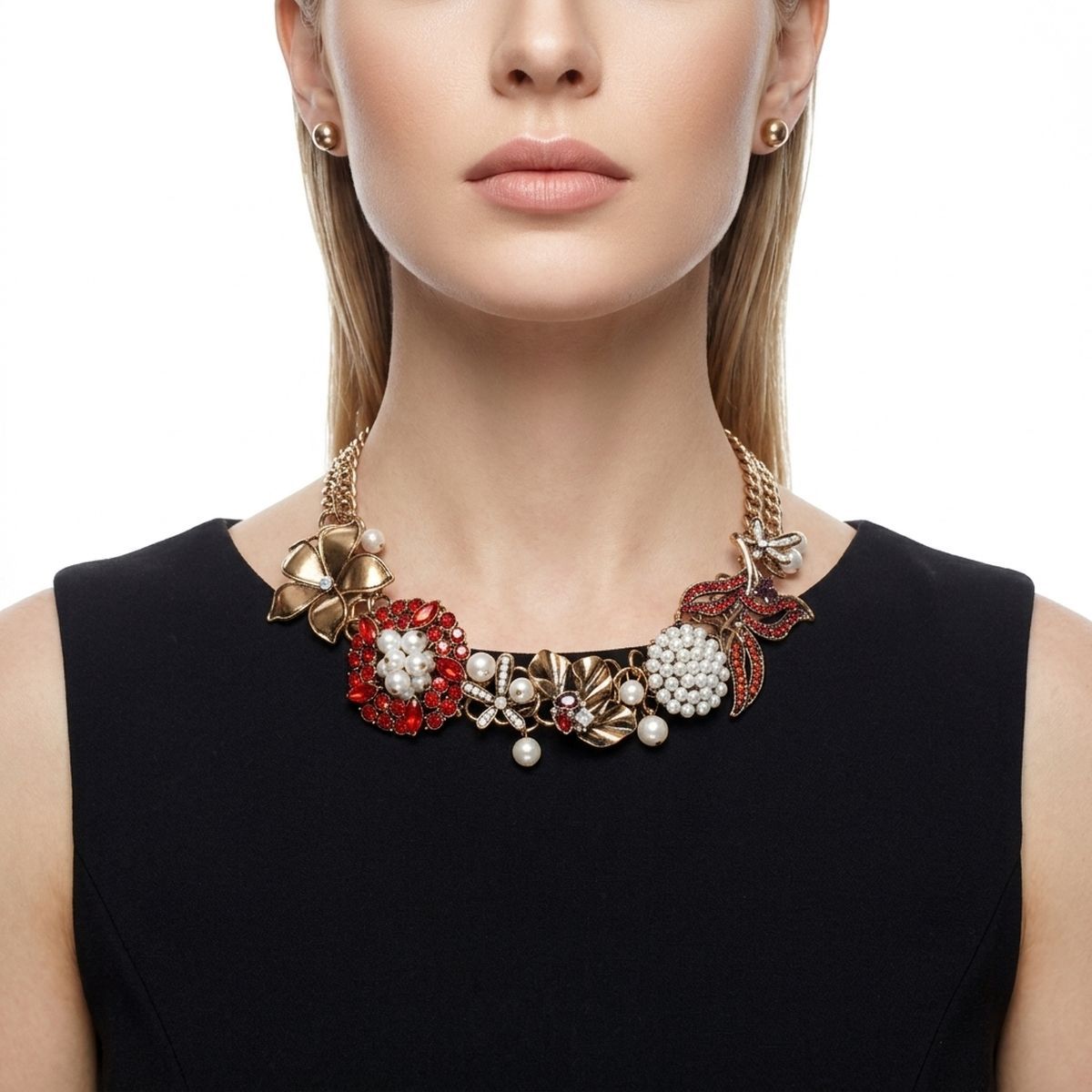Red Crystal Pearl Antique Gold Chainmaille Collar
