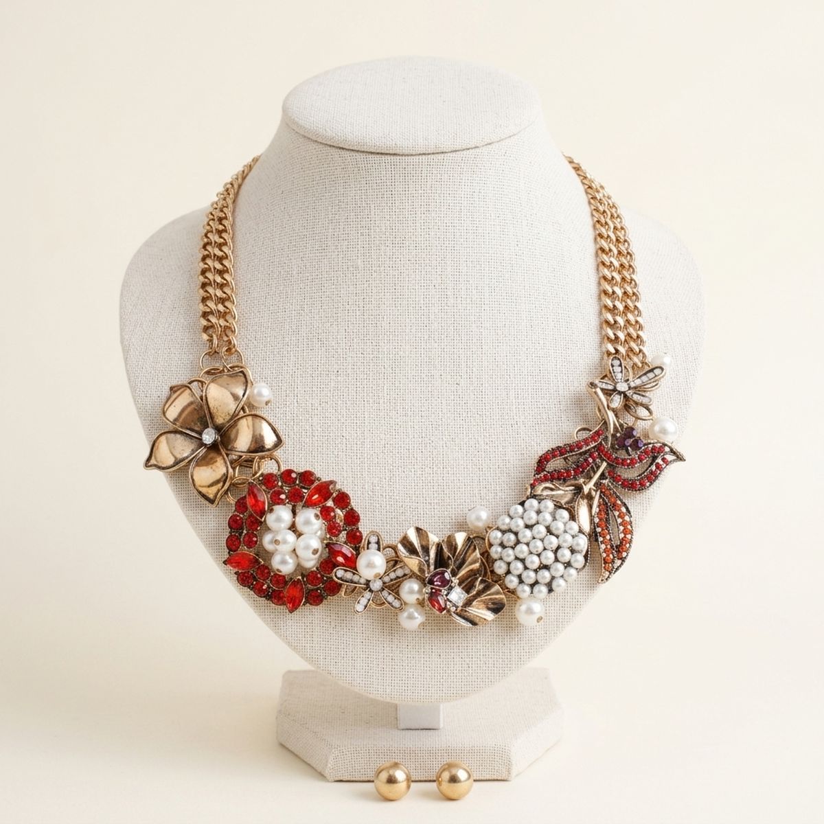 Red Crystal Pearl Antique Gold Chainmaille Collar