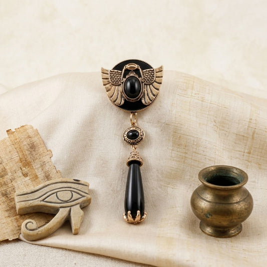 Egyptian Gold Scarab Black Dangle Brooch Pin