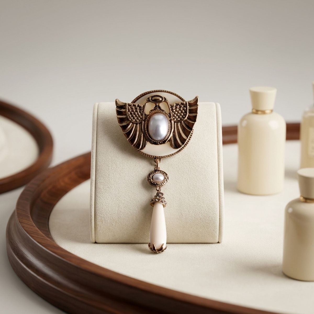Egyptian Gold Scarab Ivory Dangle Brooch Pin