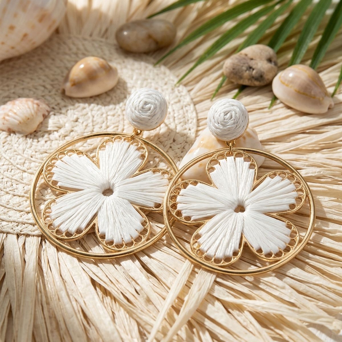 White Raffia Flower Round Earrings