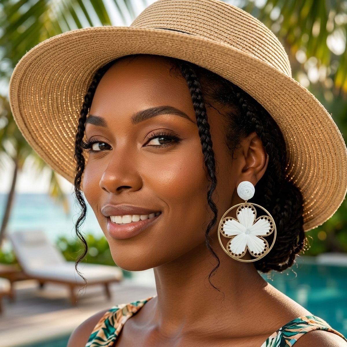 White Raffia Flower Round Earrings