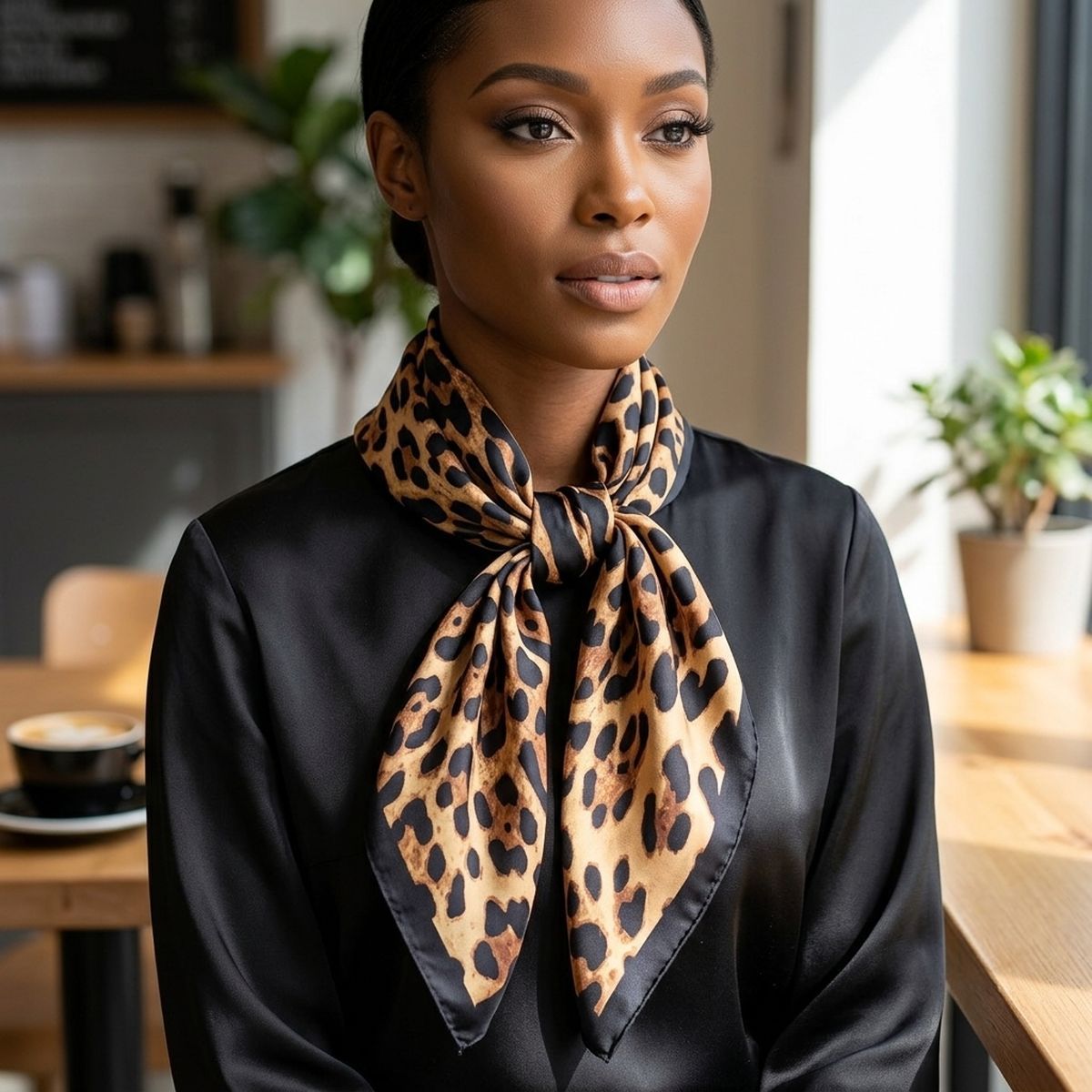 Silky Square Camel Leopard Print Fashion Scarf