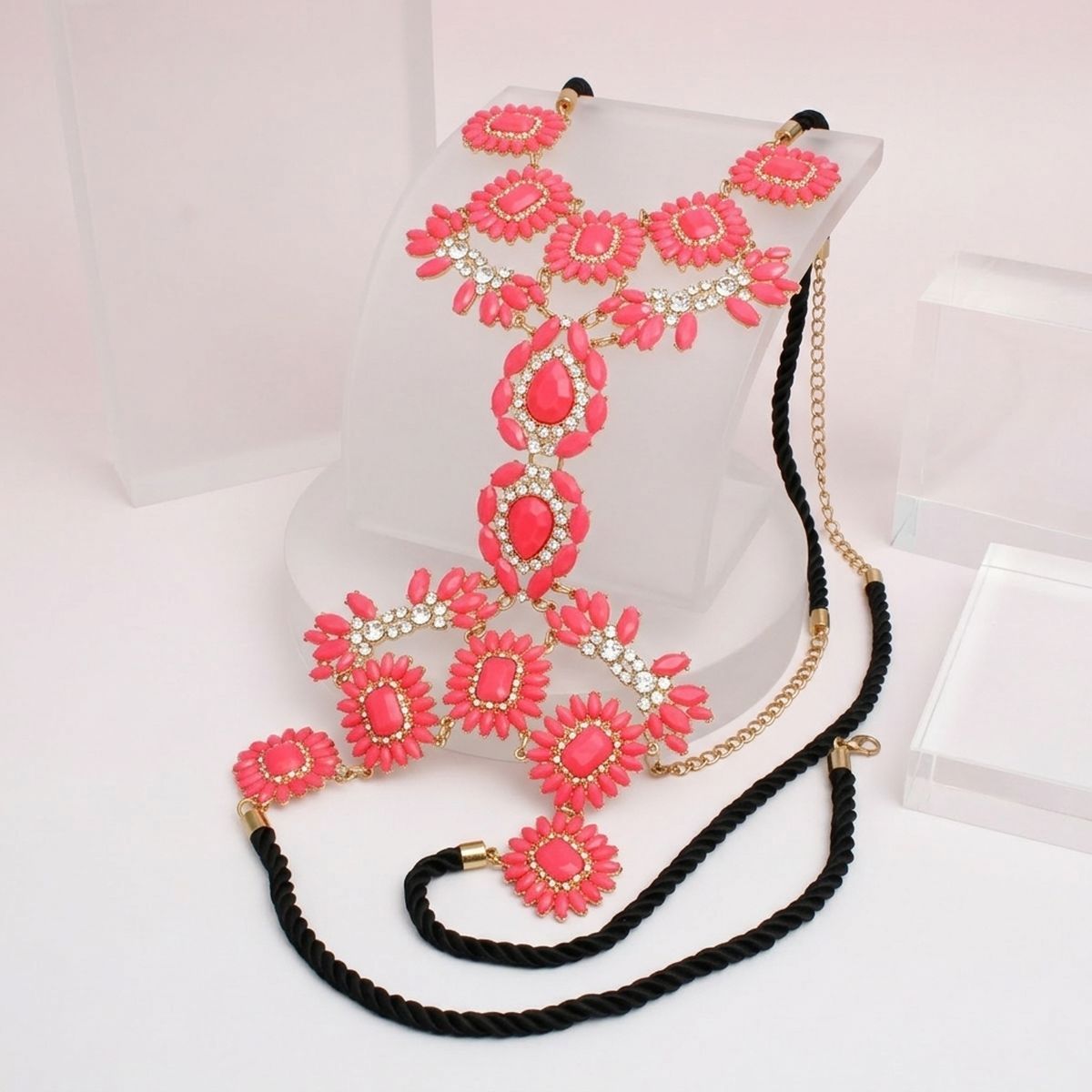 Body Chain Opaque Bright Pink Black Cord Women