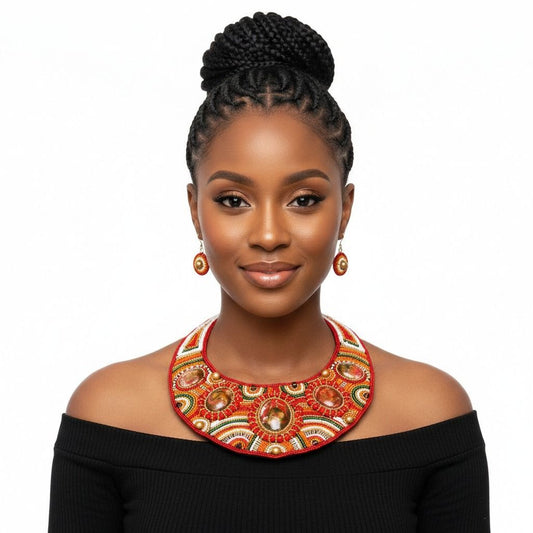 Bead Round Collar Bib Necklace Set - RW Orange