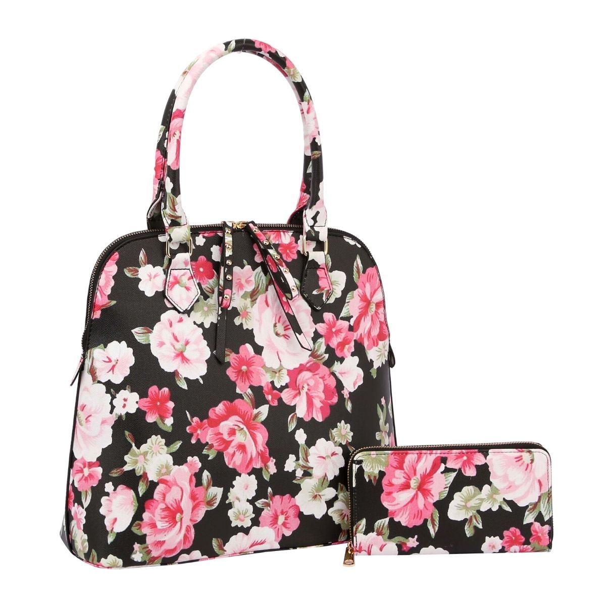 Black Floral Tall Dome Satchel Bag Set - Premium Wholesale Fashion Accessories from Pinktown - Just $68! Shop now at chiquestyles