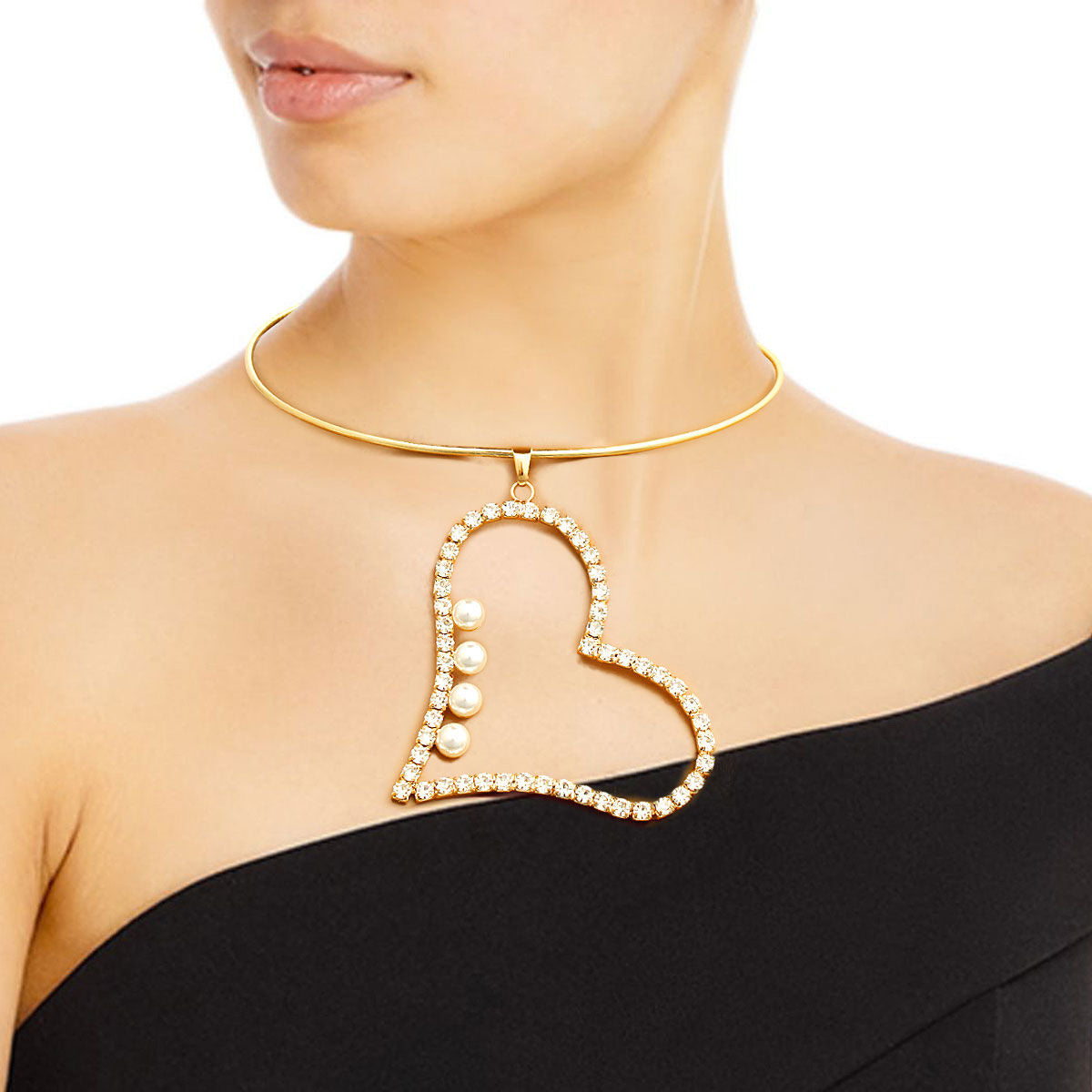 Gold Pearl Rhinestone Heart Choker|16 inches - Premium Wholesale Jewelry from Pinktown - Just $12! Shop now at chiquestyles