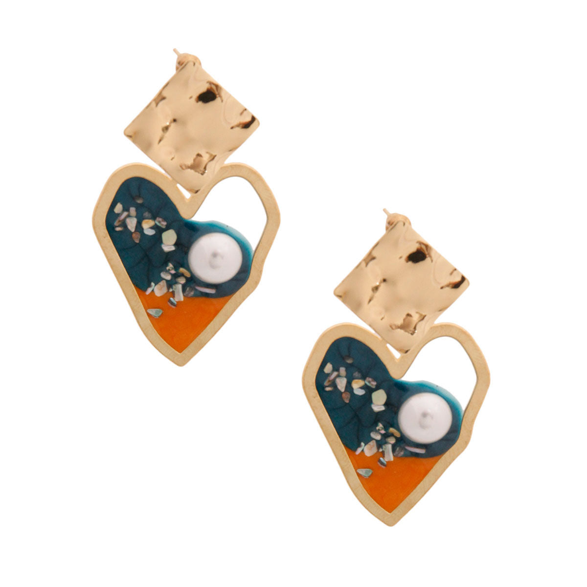 Gold and Blue Resin Heart Earrings|2.5 inches - Premium Wholesale Jewelry from Pinktown - Just $6! Shop now at chiquestyles