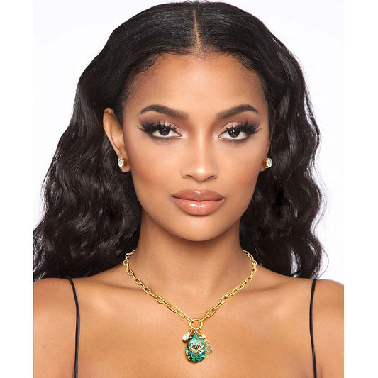 Green Crystal Teardrop Evil Eye Necklace|18 inches - Premium Wholesale Jewelry from Pinktown - Just $19! Shop now at chiquestyles