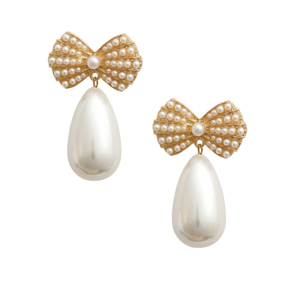 Gold Bow Cream Pearl Teardrop Earrings - Premium Wholesale Jewelry from Pinktown - Just $17! Shop now at chiquestyles