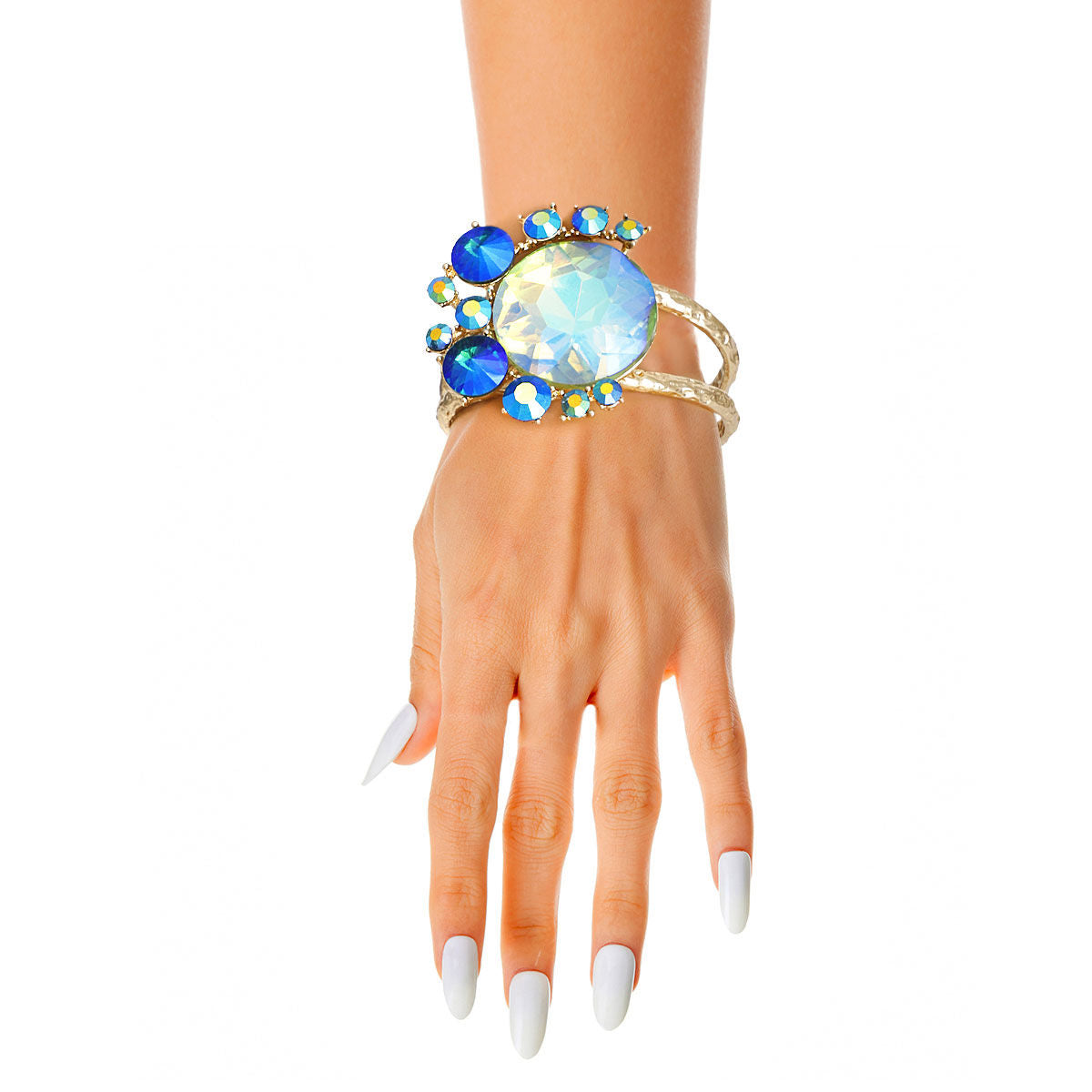 Gold Round Blue Crystals Hinge Cuff|8 inches - Premium Wholesale Jewelry from Pinktown - Just $17! Shop now at chiquestyles