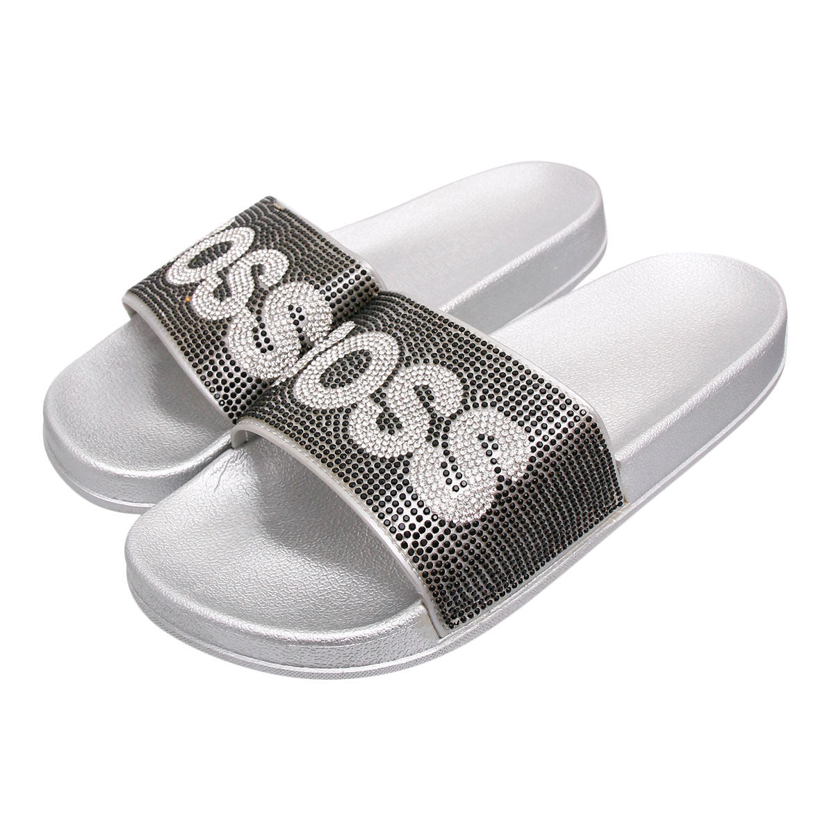 Size 12 Black BOSS Silver Slides|Size 12 - Premium Wholesale Fashion Accessories from Pinktown - Just $22! Shop now at chiquestyles