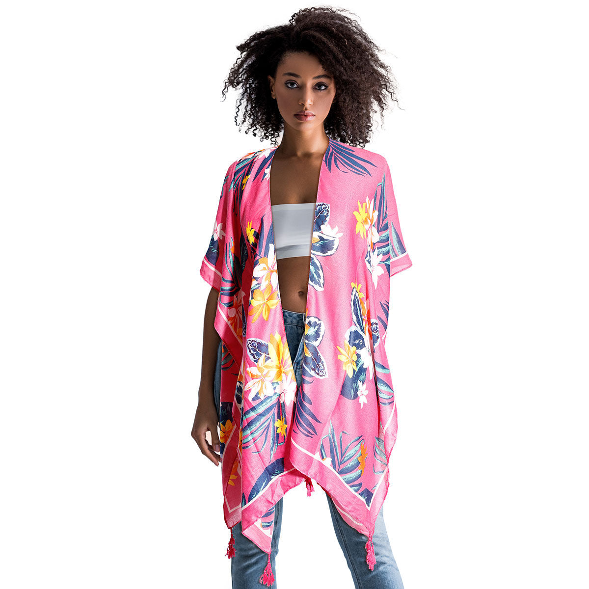 Fuchsia Tropical Floral Tassel Kimono - Premium Wholesale Boutique Clothing from Pinktown - Just $22! Shop now at chiquestyles
