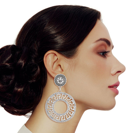 Silver Rhinestone Round Greek Key Earrings|3 inches - Premium Wholesale Jewelry from Pinktown - Just $19! Shop now at chiquestyles