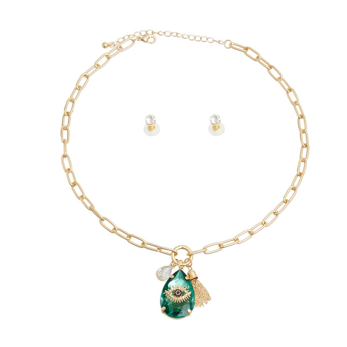 Green Crystal Teardrop Evil Eye Necklace - Premium Wholesale Jewelry from Pinktown - Just $19! Shop now at chiquestyles