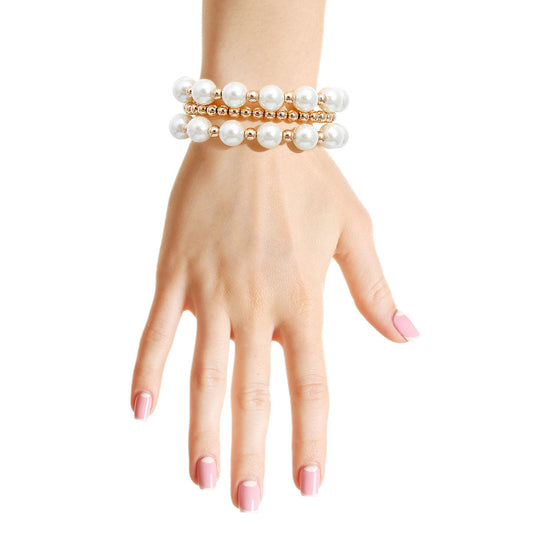 3 Strand Cream Pearl Gold Bracelets|Stretch to Fit - Premium Wholesale Jewelry from Pinktown - Just $12! Shop now at chiquestyles