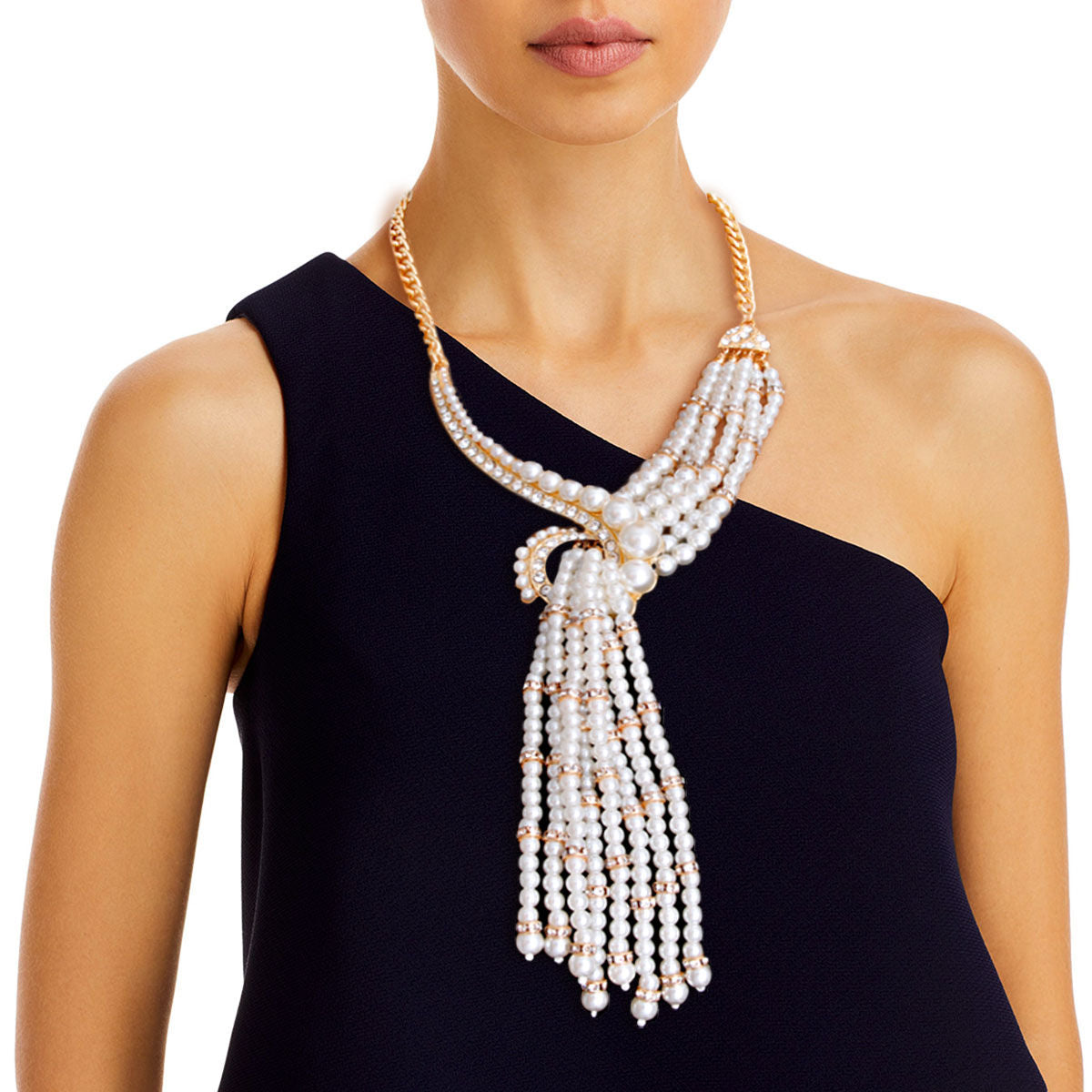 Asymmetric Pearl and Rhinestone Knot Necklace Set|16 inches - Premium Wholesale Jewelry from Pinktown - Just $34! Shop now at chiquestyles