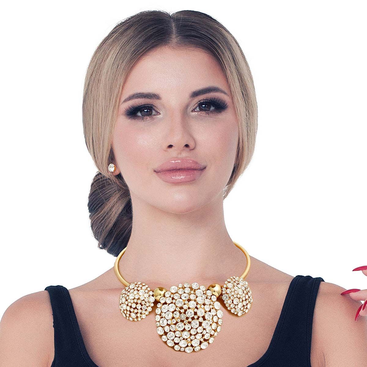 Gold Triple Rhinestone Dome Cluster Collar - Premium Wholesale Jewelry from Pinktown - Just $28! Shop now at chiquestyles