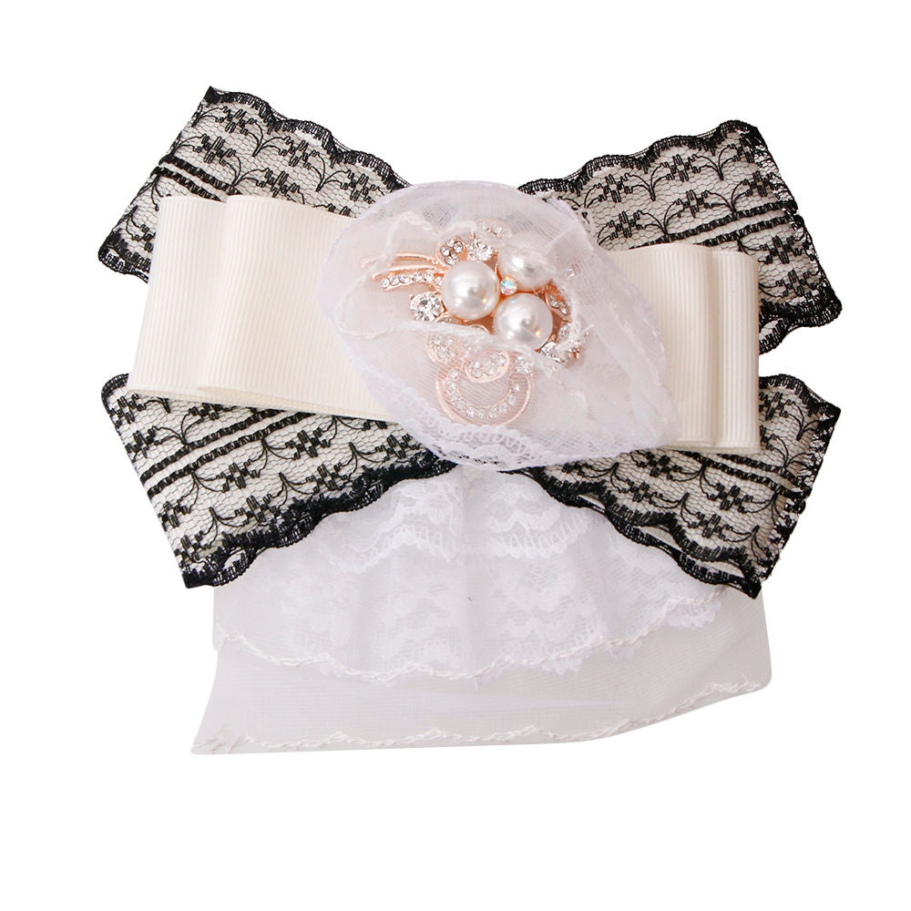 Black and White Lace Bow Tie with Pearl and Rhinestone Brooch|5.5 inches - Premium Wholesale Jewelry from Pinktown - Just $17! Shop now at chiquestyles