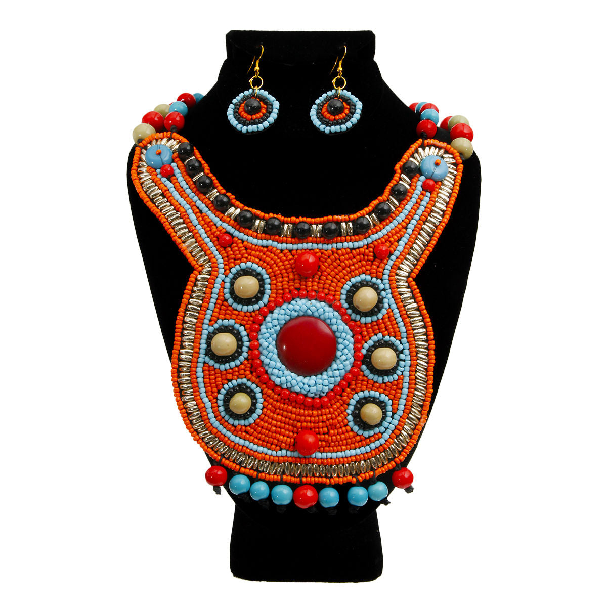Orange Bead Bib Necklace Set with Blue Red and Green Bead Collar and Detail|16 inches - Premium Wholesale Jewelry from Pinktown - Just $50! Shop now at chiquestyles