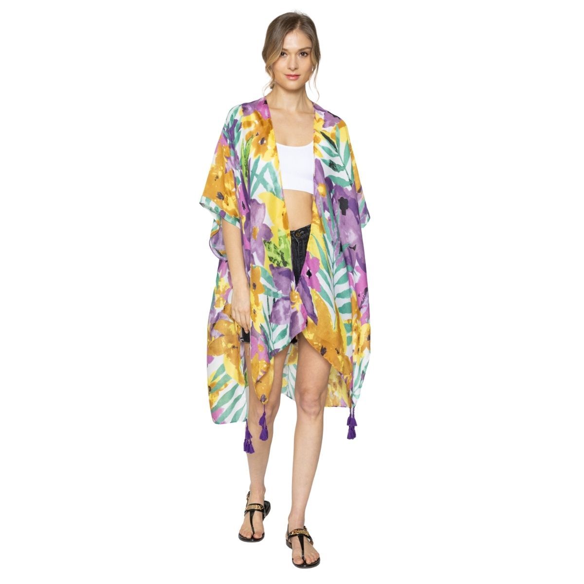 Purple Floral Watercolor Tassel Kimono|35.4 x 35.4 inches - Premium Wholesale Boutique Clothing from Pinktown - Just $23! Shop now at chiquestyles