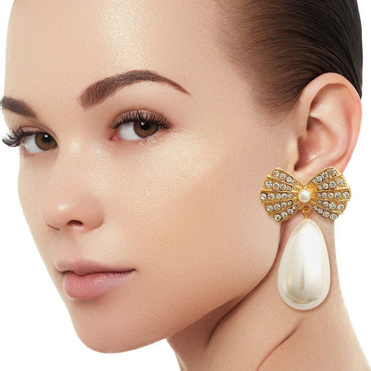 Gold Bow Pearl Teardrop Earrings|2.15 inches - Premium Wholesale Jewelry from Pinktown - Just $17! Shop now at chiquestyles