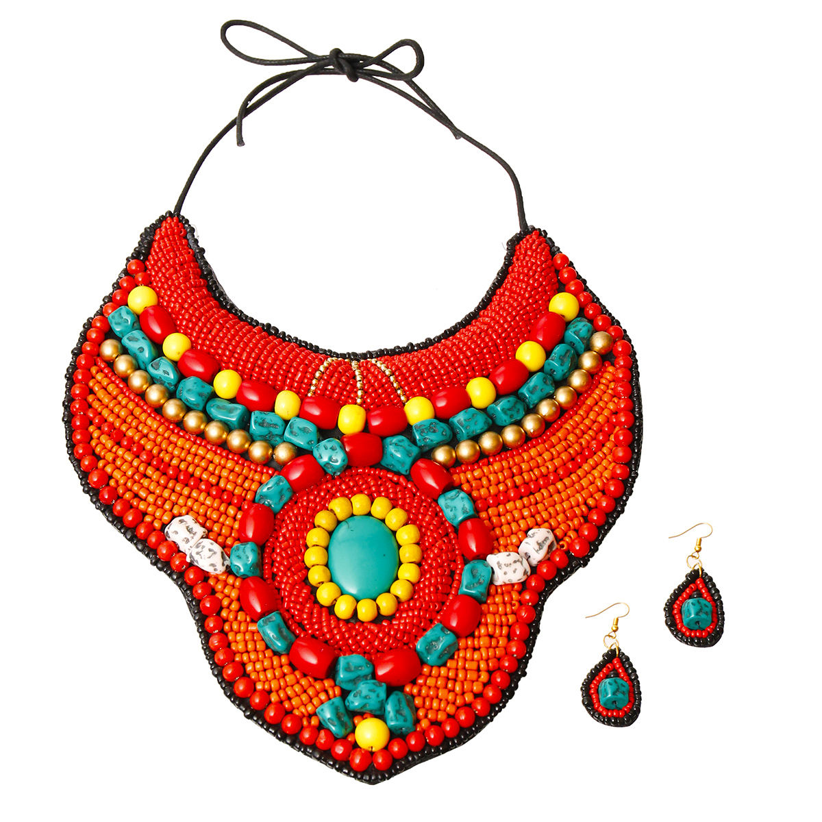 Red and Orange Bead Raised Collar Bib Necklace Set with Turquoise Stone Bead Detail|18 inches - Premium Wholesale Jewelry from Pinktown - Just $53! Shop now at chiquestyles