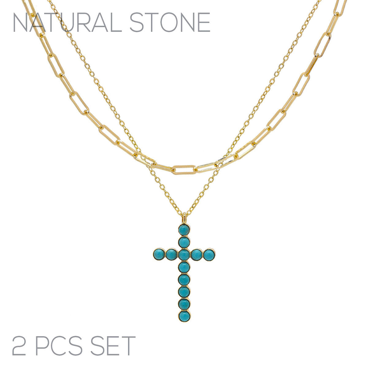 Gold Turquoise Stone Cross 2pc Necklace|16 + 3 inches - Premium Wholesale Jewelry from Pinktown - Just $10! Shop now at chiquestyles