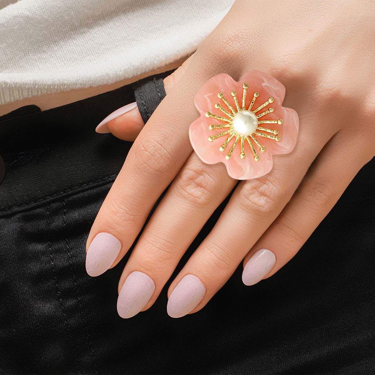 Marbled Pink Flower Gold Ring|Stretch to Fit - Premium Wholesale Jewelry from Pinktown - Just $12! Shop now at chiquestyles