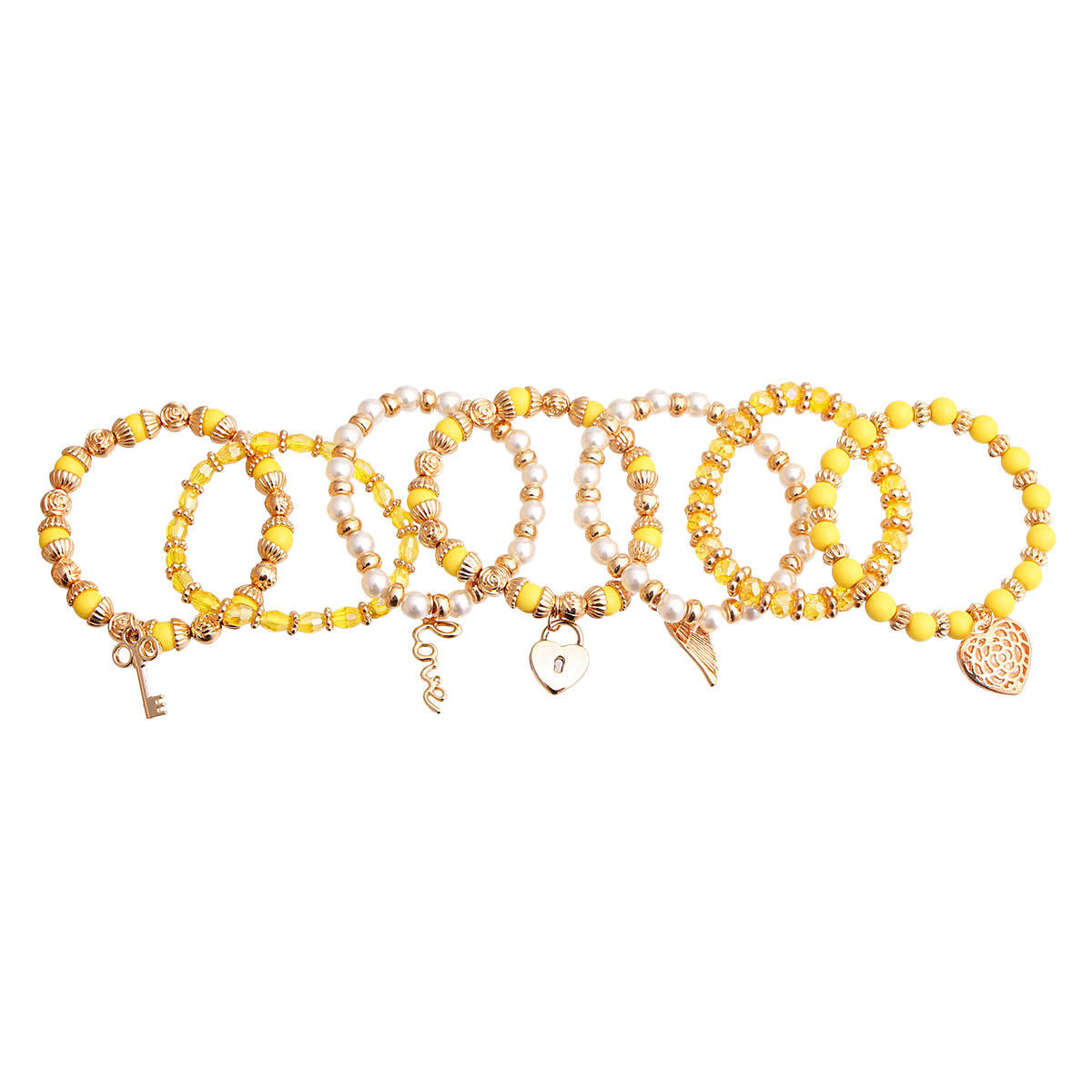 Yellow and Pearl Love Charm Bracelets|Stretch to Fit - Premium Wholesale Jewelry from Pinktown - Just $13! Shop now at chiquestyles