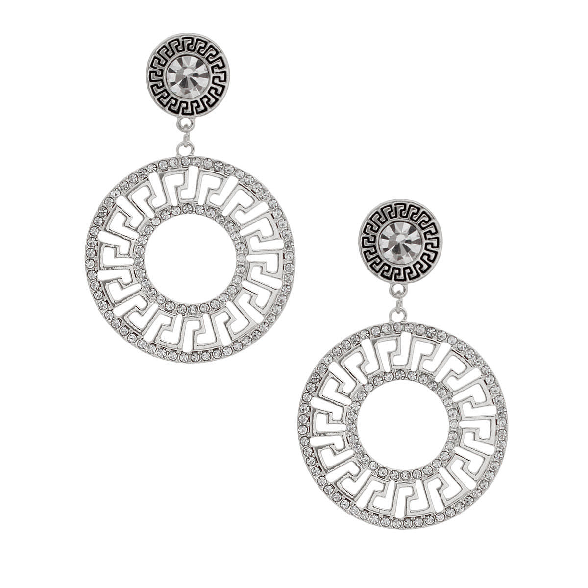 Silver Rhinestone Round Greek Key Earrings - Premium Wholesale Jewelry from Pinktown - Just $19! Shop now at chiquestyles