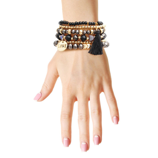 Black Glass Love 6 Pcs Bracelets|Stretch to Fit - Premium Wholesale Jewelry from Pinktown - Just $13! Shop now at chiquestyles
