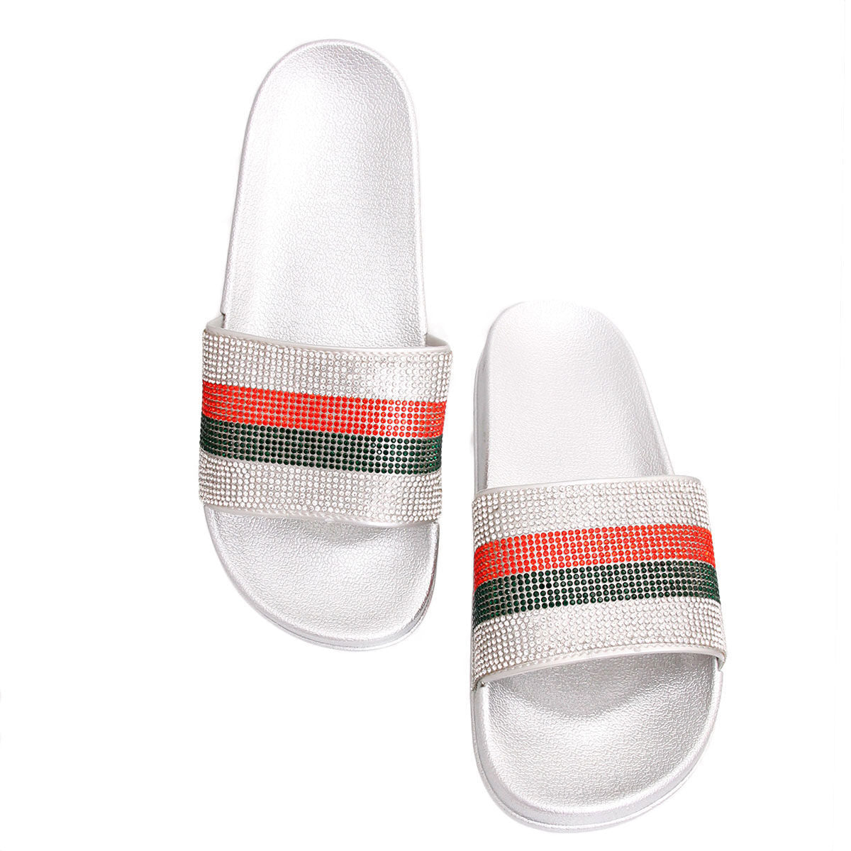 Size 12 Striped Silver Slides|Size 12 - Premium Wholesale Fashion Accessories from Pinktown - Just $22! Shop now at chiquestyles