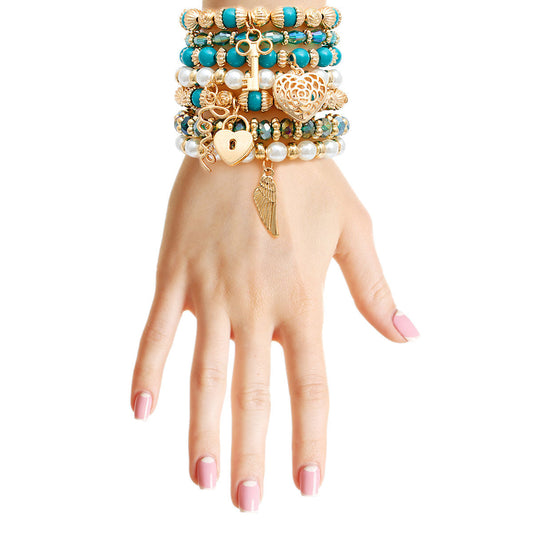 Teal and Pearl Love 7pcs Bracelets|Stretch to Fit - Premium Wholesale Jewelry from Pinktown - Just $13! Shop now at chiquestyles