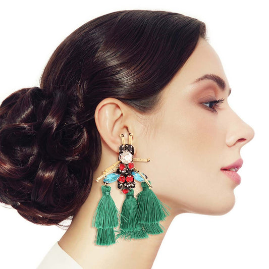 Rhinestone and Tassel Green Bee Earrings|3.25 inches - Premium Wholesale Jewelry from Pinktown - Just $14! Shop now at chiquestyles