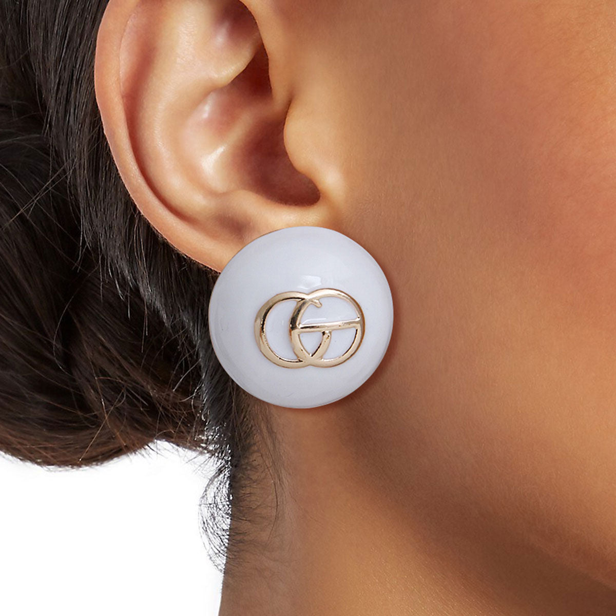 White and Gold Dome Designer Studs|1 inch - Premium Wholesale Jewelry from Pinktown - Just $8! Shop now at chiquestyles