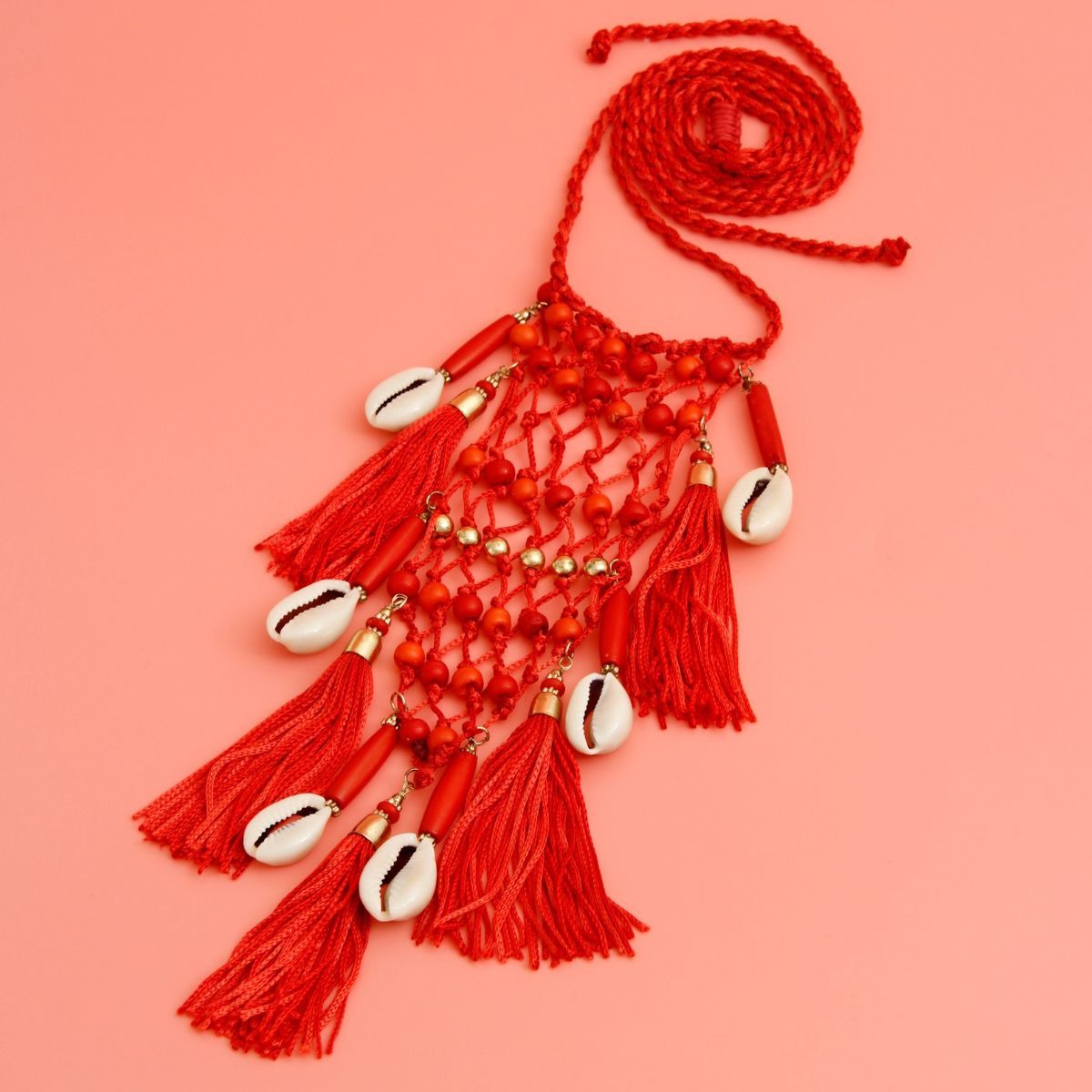 Red Braided String and Cowrie Shell Long Tassel Necklace|30 inches - Premium Wholesale Jewelry from Pinktown - Just $15! Shop now at chiquestyles
