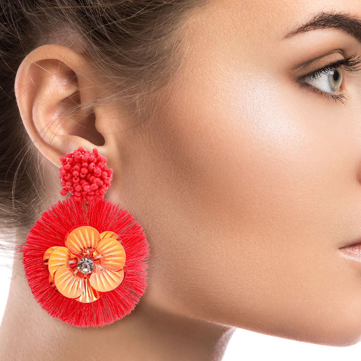 Coral Sequin Flower Tassel Earrings|2.75 inches - Premium Wholesale Jewelry from Pinktown - Just $10! Shop now at chiquestyles