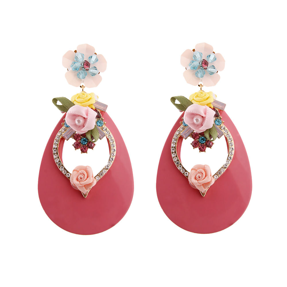 Pink Teardrop Earrings with Rhinestone and Flower Detail|3.25 inches - Premium Wholesale Jewelry from Pinktown - Just $11! Shop now at chiquestyles