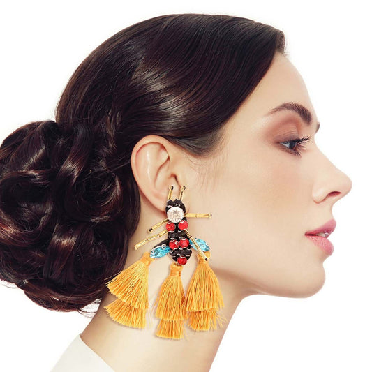 Rhinestone and Tassel Mustard Bee Earrings|3.25 inches - Premium Wholesale Jewelry from Pinktown - Just $14! Shop now at chiquestyles