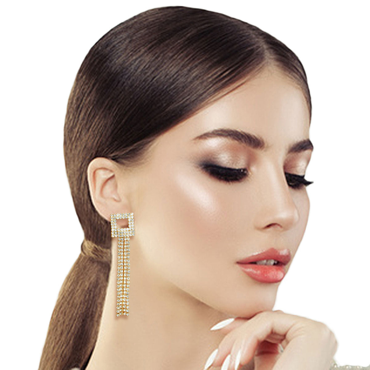 Gold Square Rhinestone Fringe Earrings - Premium Wholesale Jewelry from Pinktown - Just $10! Shop now at chiquestyles