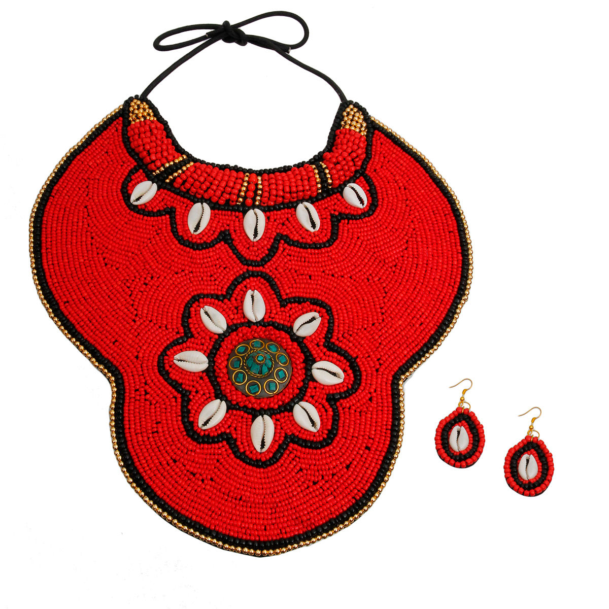 Red Beaded Collar Large Bib Necklace Set.Cowrie Shell and Turquoise Mosaic|18 inches - Premium Wholesale Jewelry from Pinktown - Just $50! Shop now at chiquestyles