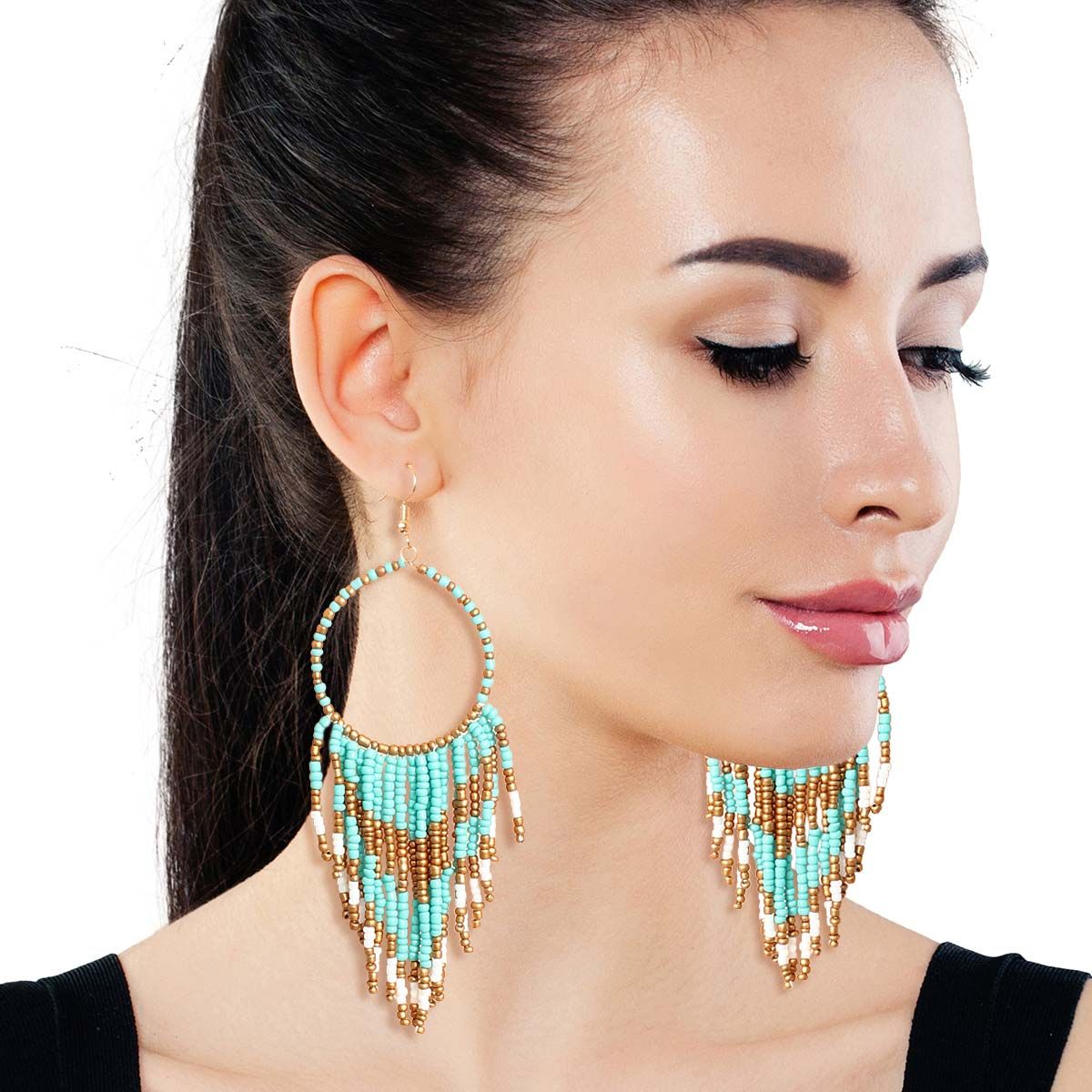 Turquoise and Gold Bead Fringe Circle Earrings - Premium Wholesale Jewelry from Pinktown - Just $15! Shop now at chiquestyles