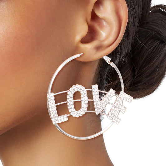 Rhinestone LOVE Silver Hoops|2.25 inches - Premium Wholesale Jewelry from Pinktown - Just $12! Shop now at chiquestyles