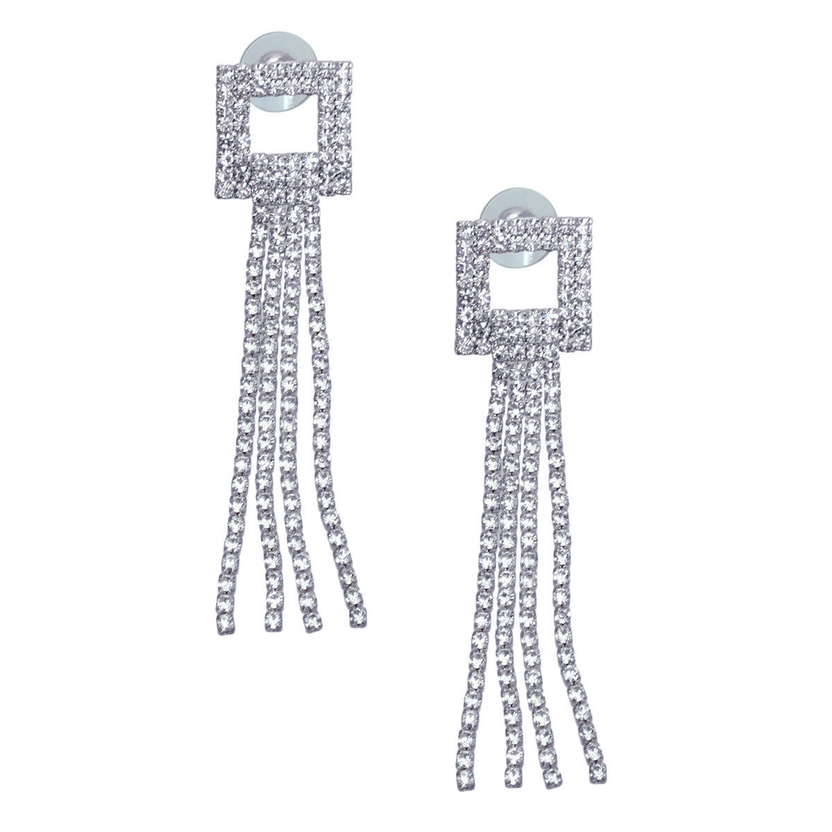 Silver Square Rhinestone Fringe Earrings|3 inches - Premium Wholesale Jewelry from Pinktown - Just $10! Shop now at chiquestyles